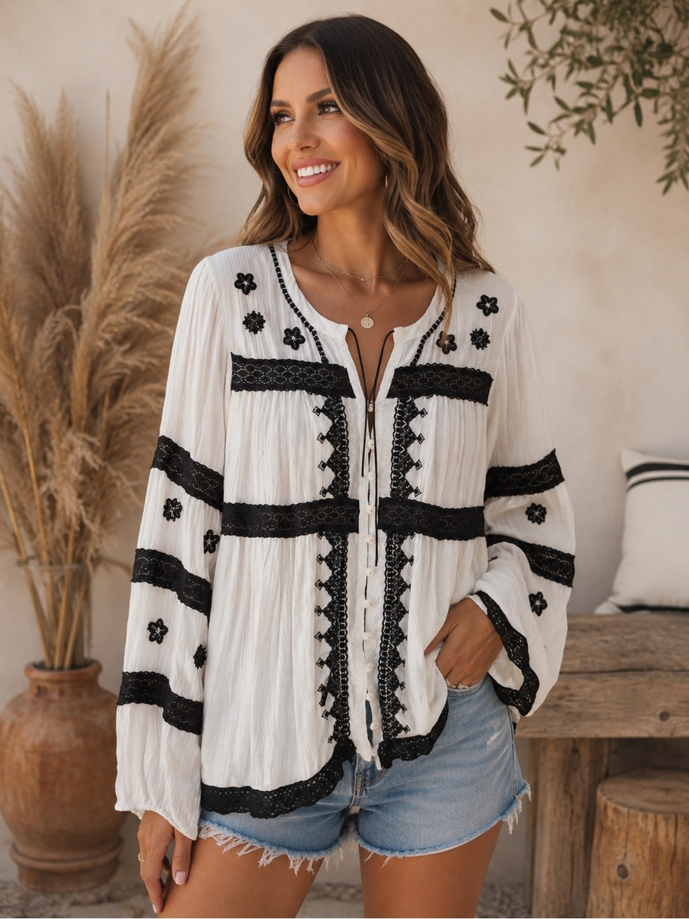 Free People White Tunic with Black Embroidered Lace (121234) 🌼 ☀️